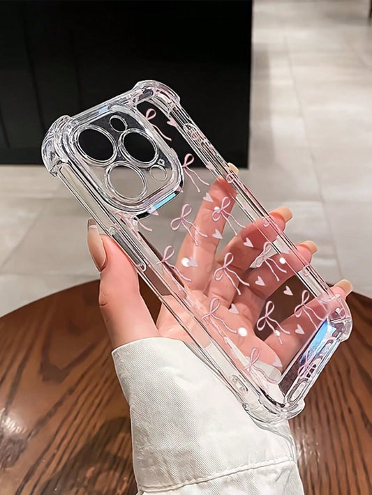 Cute Bow Tie And Heart Design Transparent Shockproof Phone Case For IPhone 16/16 Pro Max