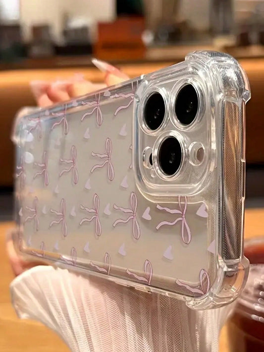 Cute Bow Tie And Heart Design Transparent Shockproof Phone Case For IPhone 16/16 Pro Max